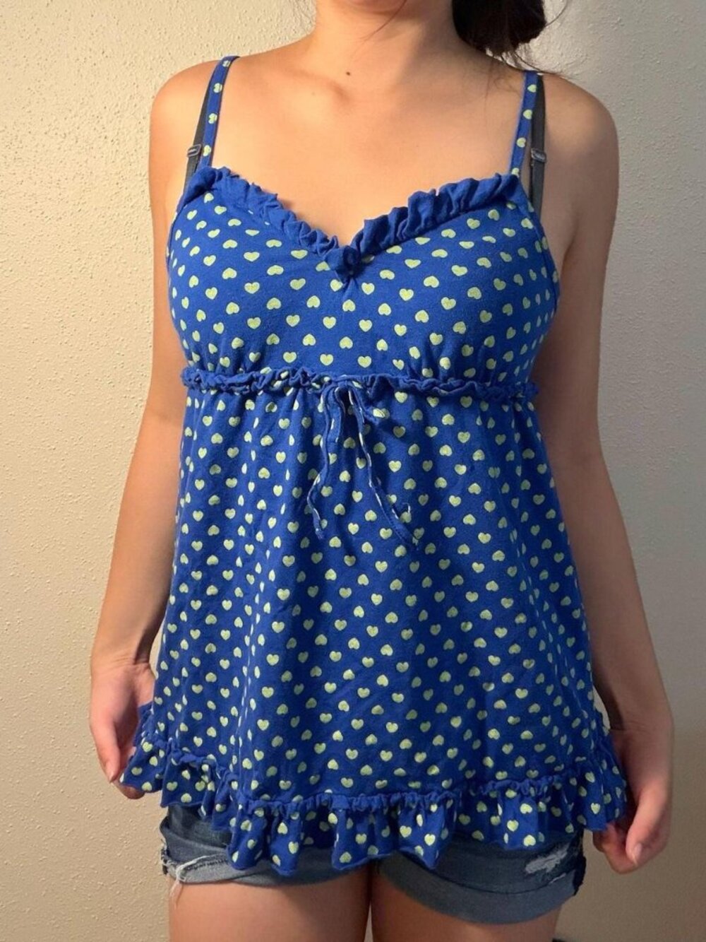 So Intimates Blue and Lime Green Heart Print Ruffled Babydoll Cami Tank Top